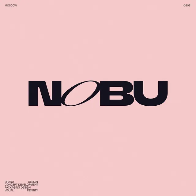 NOBU wordmark with tilted-ellipse O on pink, minimal, geometric, pastel
