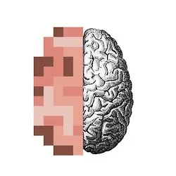Pixelated half vs engraved brain half, abstract, minimal, warm