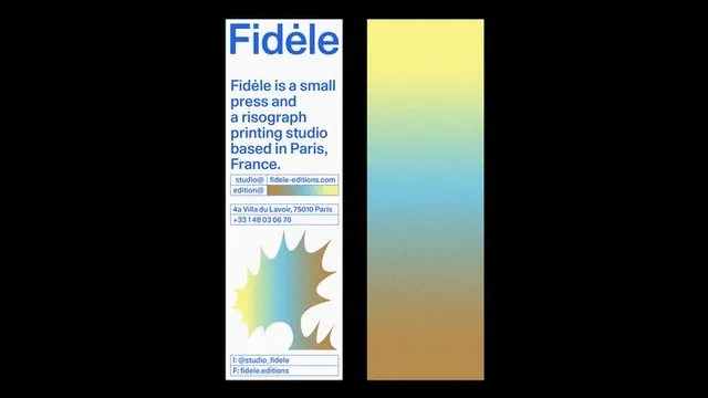 Fidele press card: blue type beside grainy gradient panel, minimal, editorial, dark