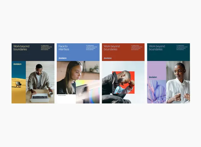 InVision 'Work beyond boundaries' poster set, corporate-clean, photographic, muted
