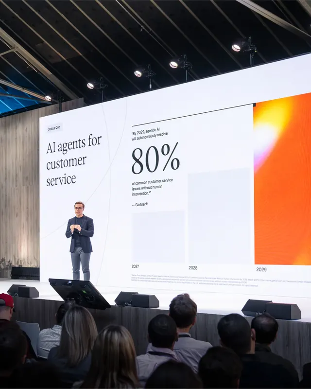 Conference keynote slide with serif stat callout, corporate-clean, minimal, light