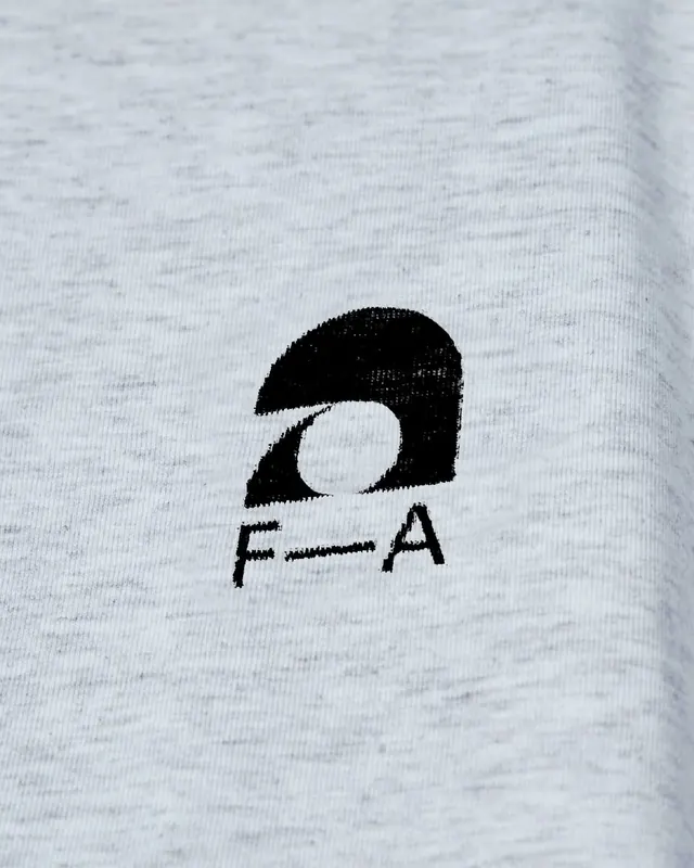 F-A helmet mark printed on heather-grey jersey, minimal, monochrome, light