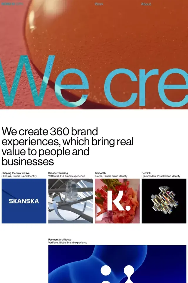 Brand agency homepage with photo-clipped headline, editorial, minimal, warm
