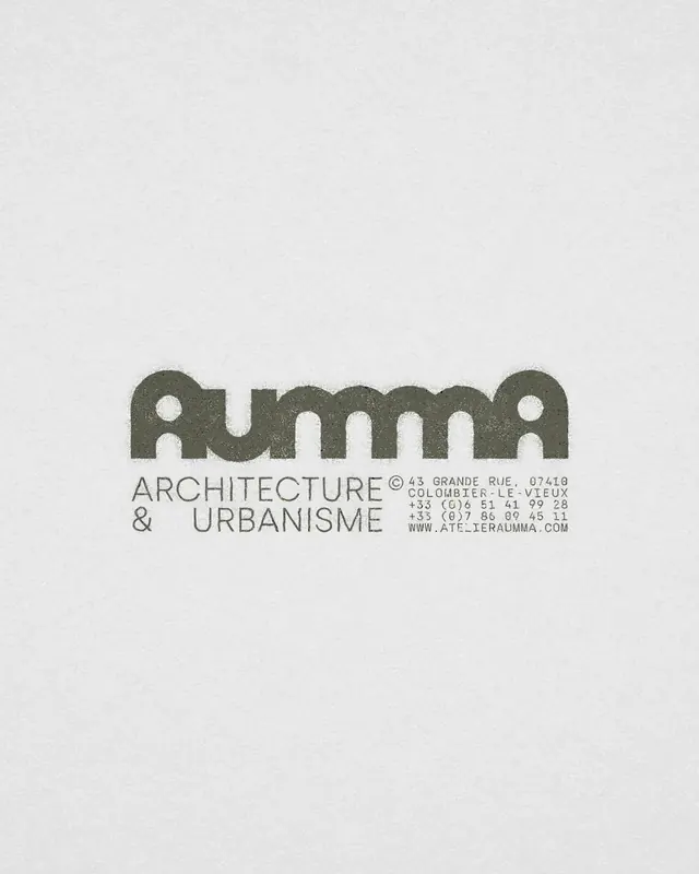 Atelier AUMMA rounded wordmark with monospace contact block, minimal, retro, light