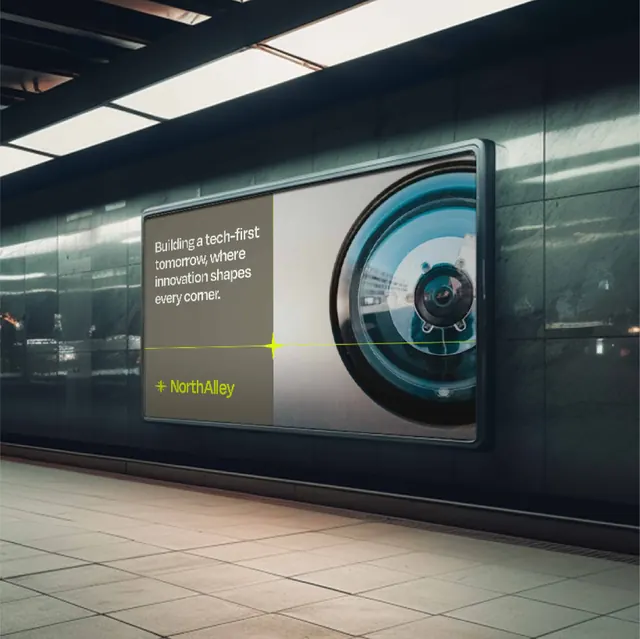 NorthAlley transit billboard brand mockup, minimal, corporate-clean, dark