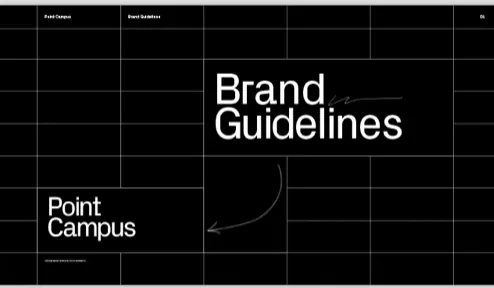 Brand Guidelines cover on a visible black grid, minimal, corporate-clean, dark