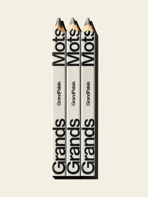 Grands Mots pencils with vertical spine type, minimal, editorial, light