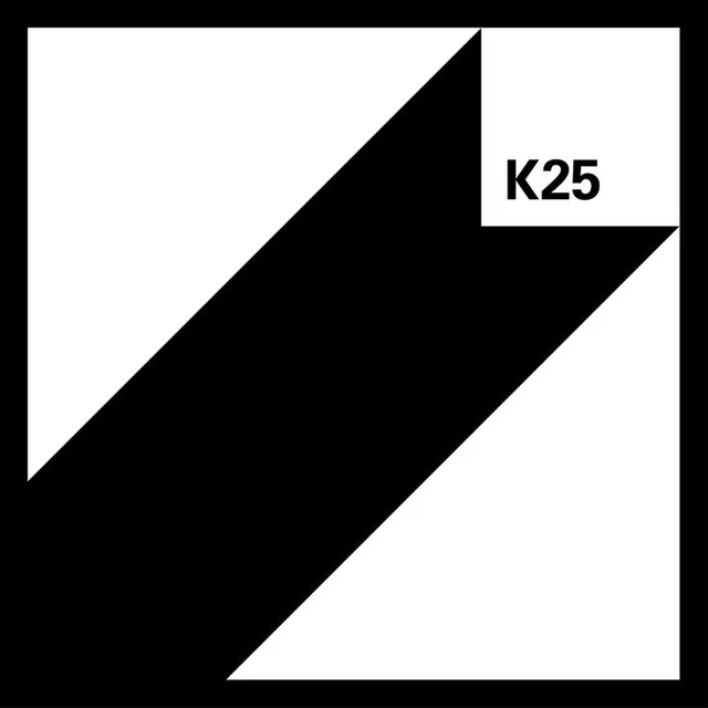 K25 black diagonal mark in white-bordered tile, minimal, geometric, dark