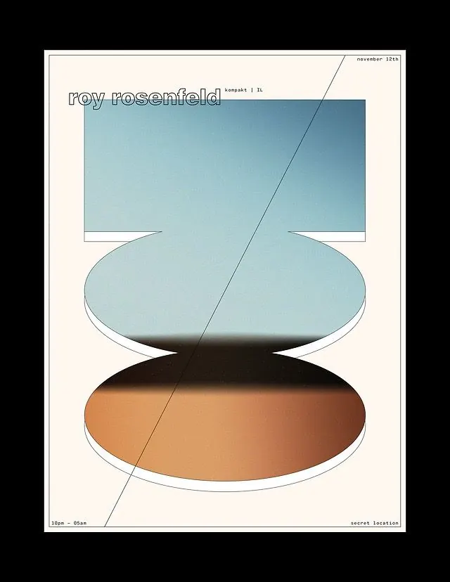 Stacked-disc event poster, minimal, swiss, light