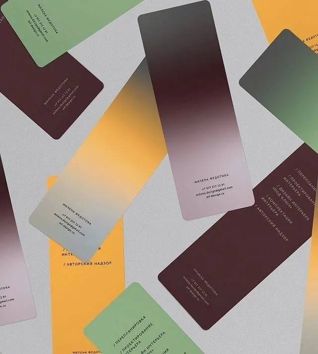 Scattered gradient business cards, minimal, gradient-heavy, muted