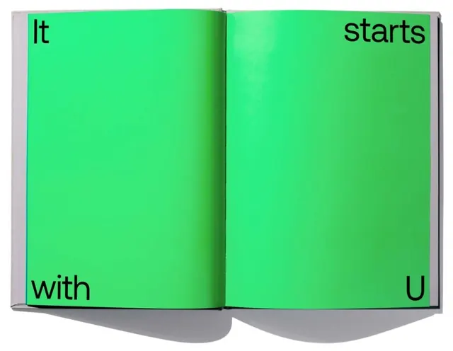 Neon green book spread, corner-set headline, minimal, swiss, vibrant