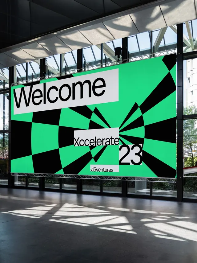 Xccelerate event banner with radiating checkerboard, geometric, brutalist, vibrant