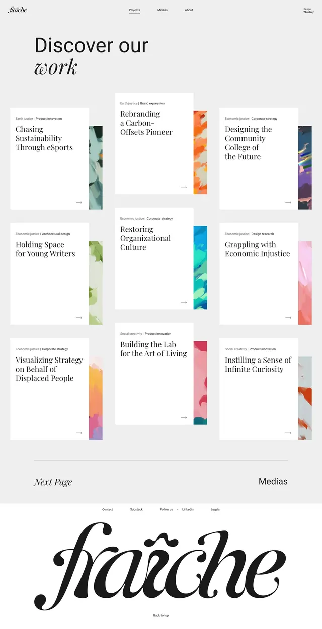 Fraiche agency portfolio with painterly project cards, editorial, minimal, light