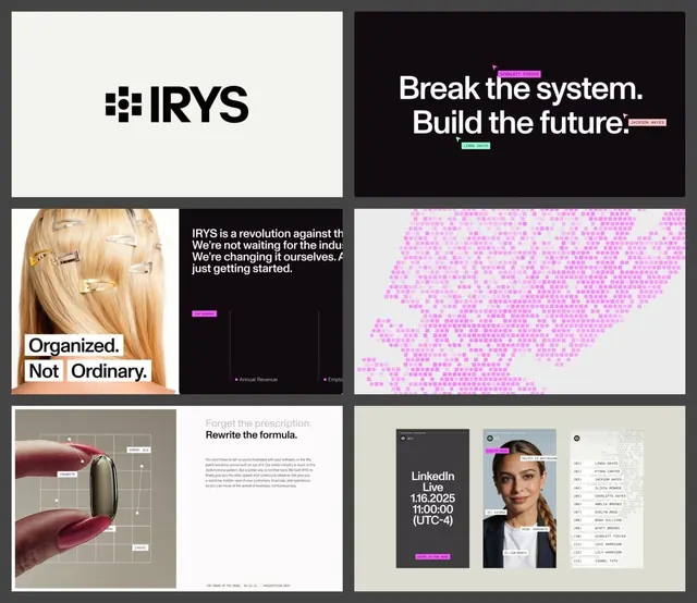 IRYS brand deck grid with pink accents, minimal, corporate-clean, dark