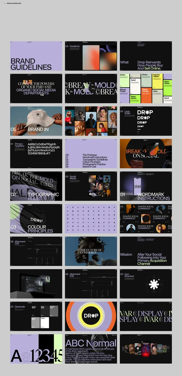 DROP brand guidelines deck contact sheet, editorial, corporate-clean, dark