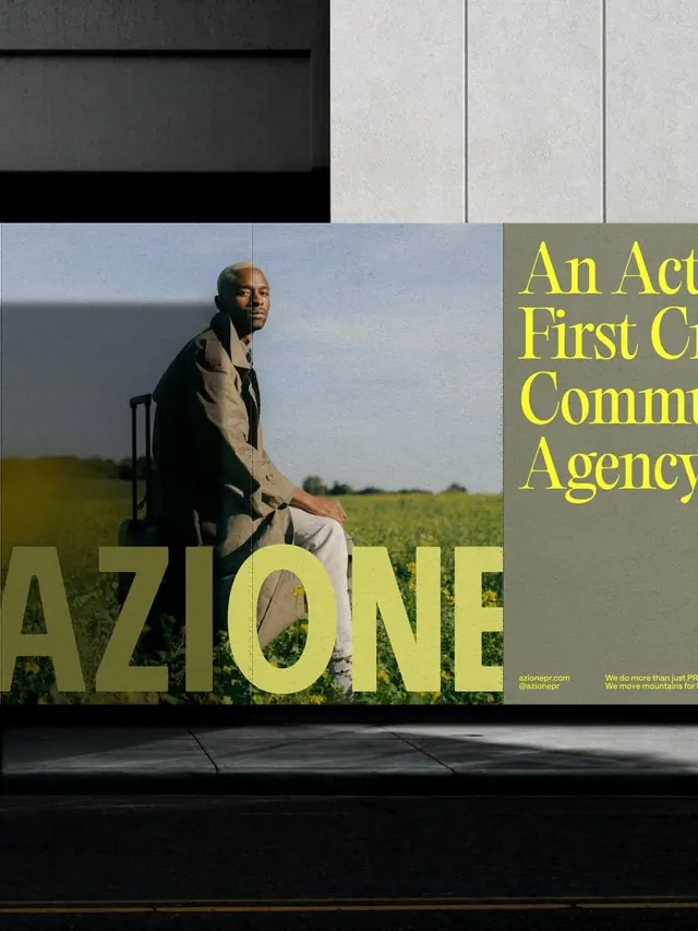 AZIONE agency billboard with acid-yellow serif, editorial, photographic, muted