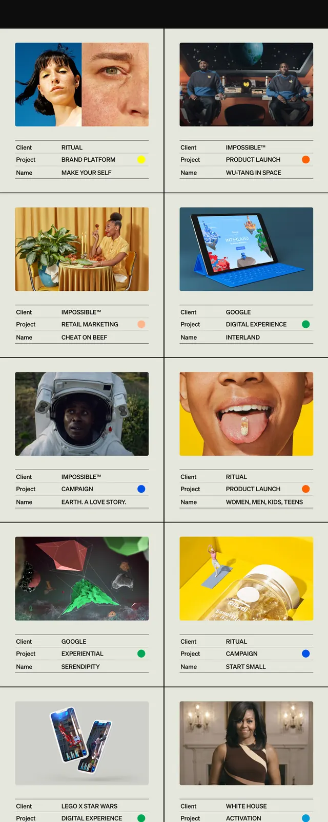 Green creative-director portfolio with focus list and work grid, minimal, corporate-clean, earthy