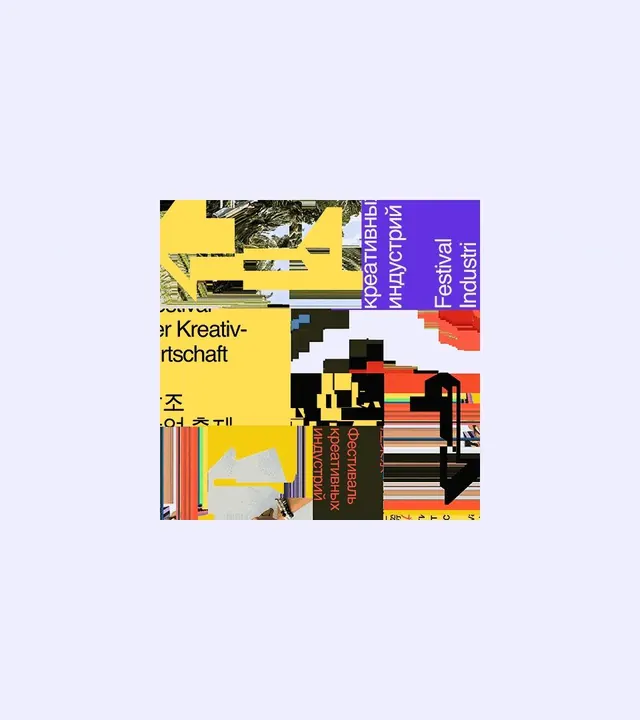 Glitched multilingual creative-festival collage, brutalist, maximalist, vibrant