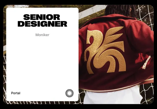 Job-card brand template over varsity-jacket photo, editorial, minimal, warm