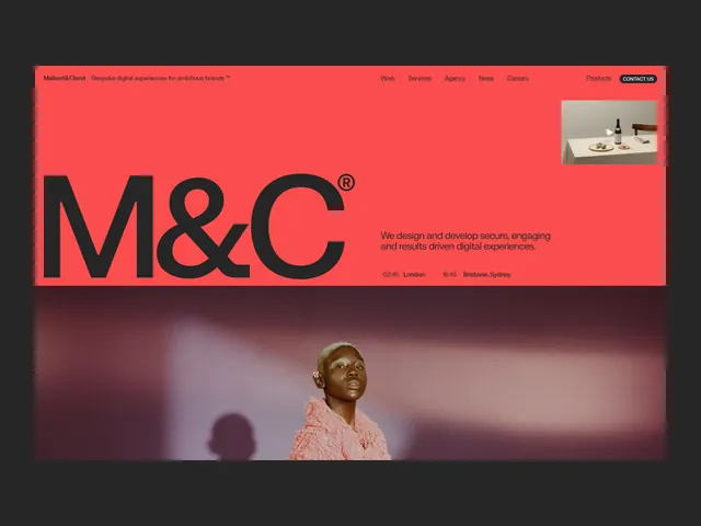 Coral agency hero with oversized M&C logotype, editorial, minimal, vibrant