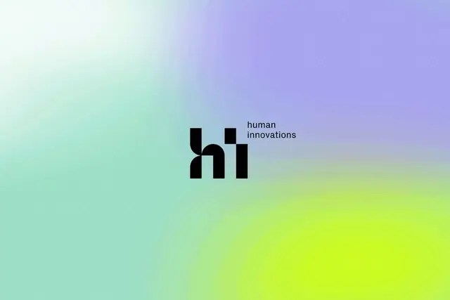 Human Innovations 'hi' monogram on iridescent gradient, minimal, gradient-heavy, gradient