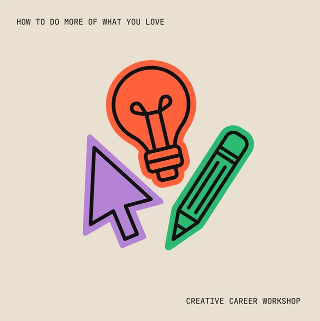 Creative career workshop icon trio, minimal, line-art, warm