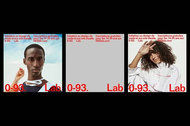 Three-card poster identity with red logotype, minimal, editorial, light