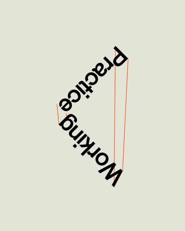 Working Practice' rotated type forming a triangle, minimal, geometric, light