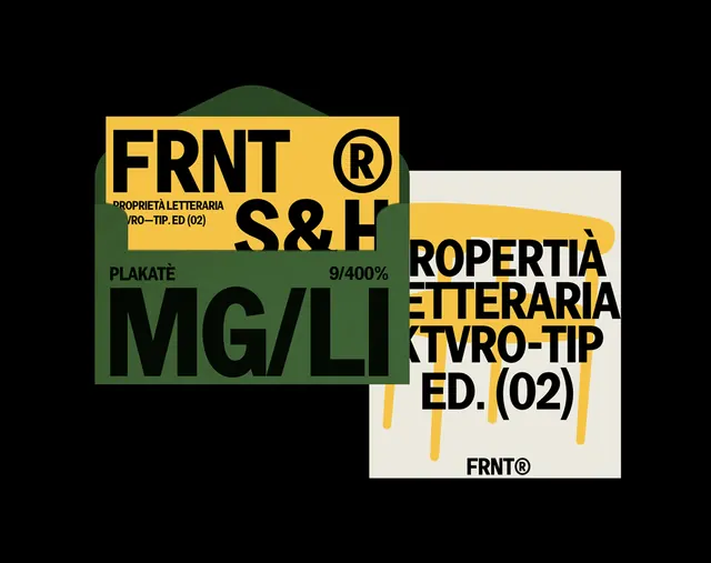FRNT layered poster cards in green and yellow, brutalist, swiss, dark