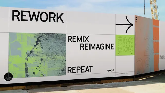 The Grand Press hoarding: REWORK REMIX REPEAT, swiss, geometric, light