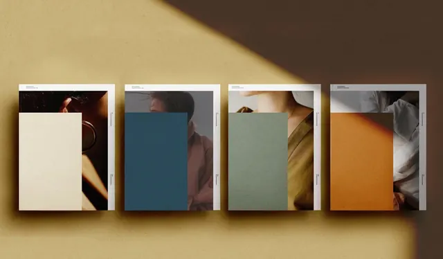 Brochure mockups with color blocks over portrait photography, minimal, editorial, muted
