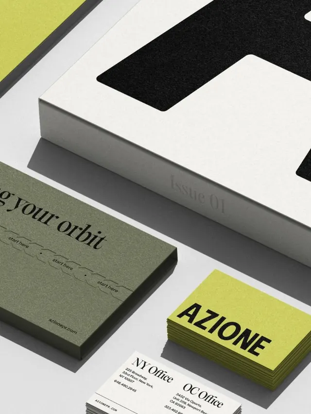 AZIONE PR stationery system in olive and acid yellow, minimal, editorial, muted