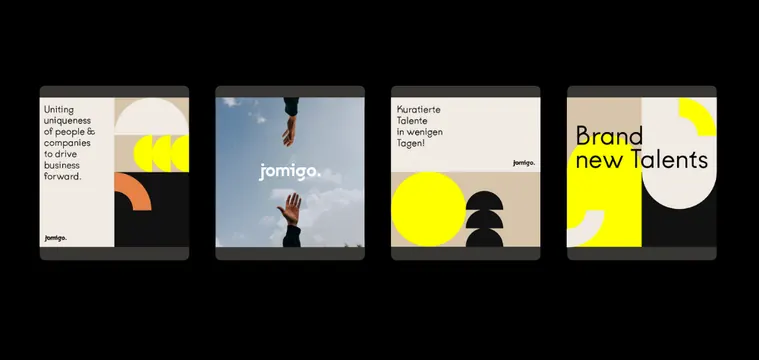 Jomigo social tiles in black and yellow, minimal, geometric, high-contrast