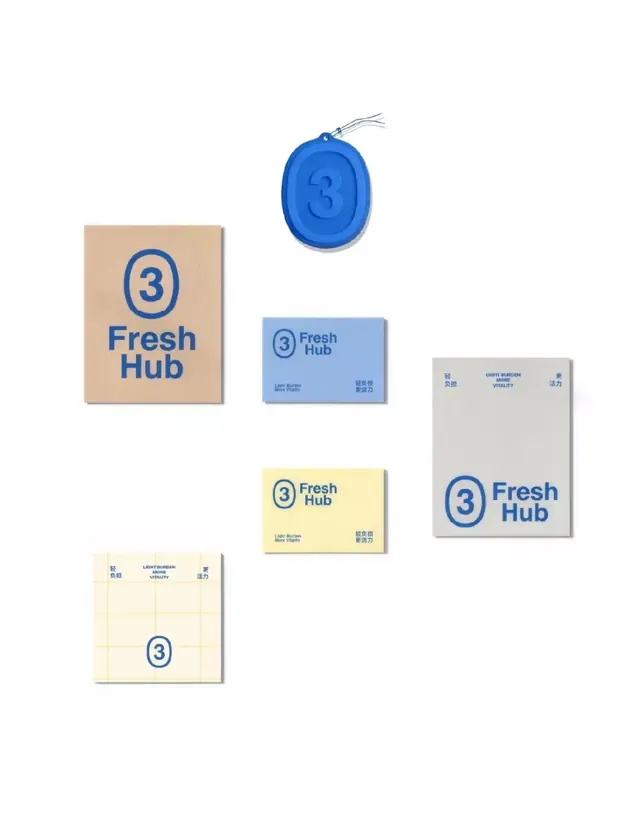 Fresh Hub blue identity on stationery, minimal, corporate-clean, cool