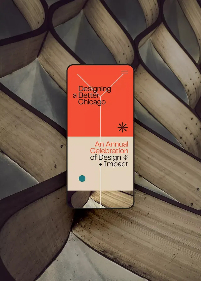 Designing a Better Chicago phone mockup on woven texture, editorial, photographic, warm
