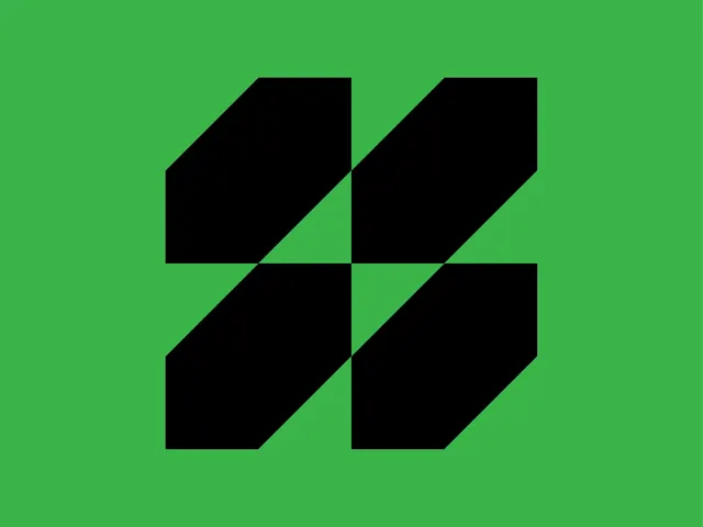 Black pinwheel mark on green, geometric, minimal, vibrant