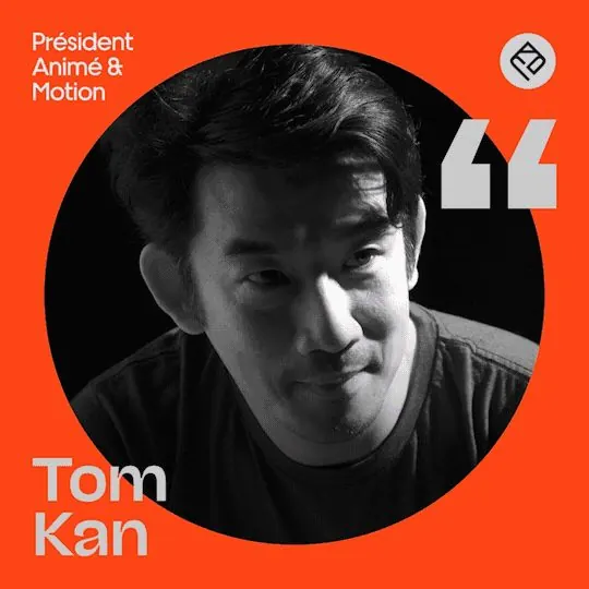 Orange speaker card with circular B&W portrait, minimal, editorial, warm