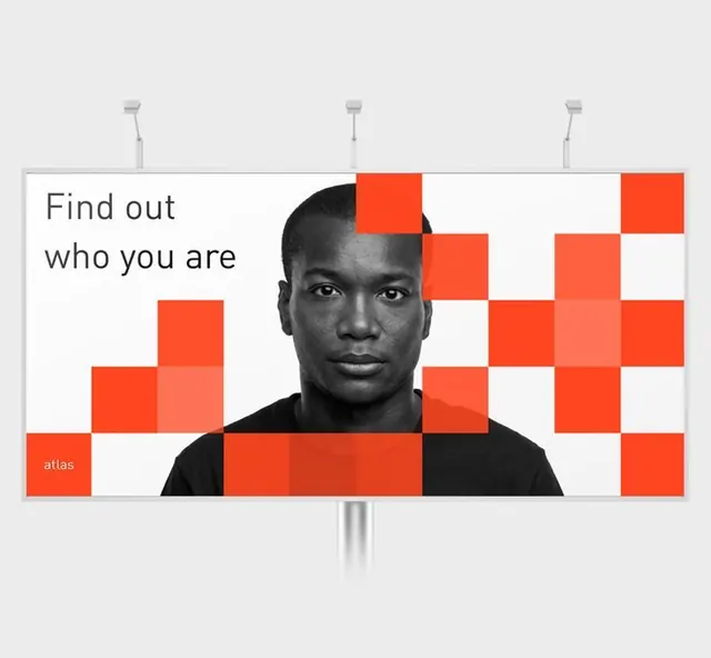 atlas orange-pixel portrait billboard, geometric, minimal, high-contrast