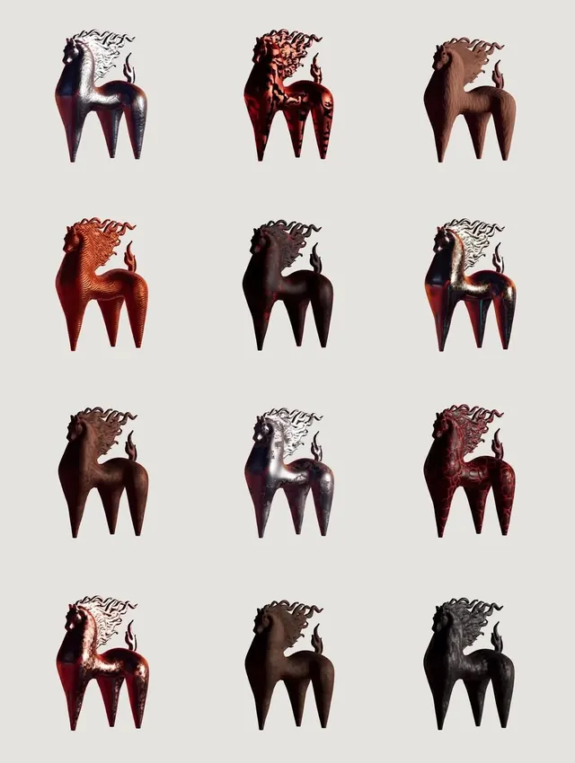 Grid of horse statuettes in varied finishes, 3d-render, abstract, warm