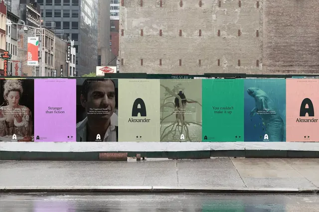 Alexander film-poster hoarding in a city street, editorial, minimal, muted