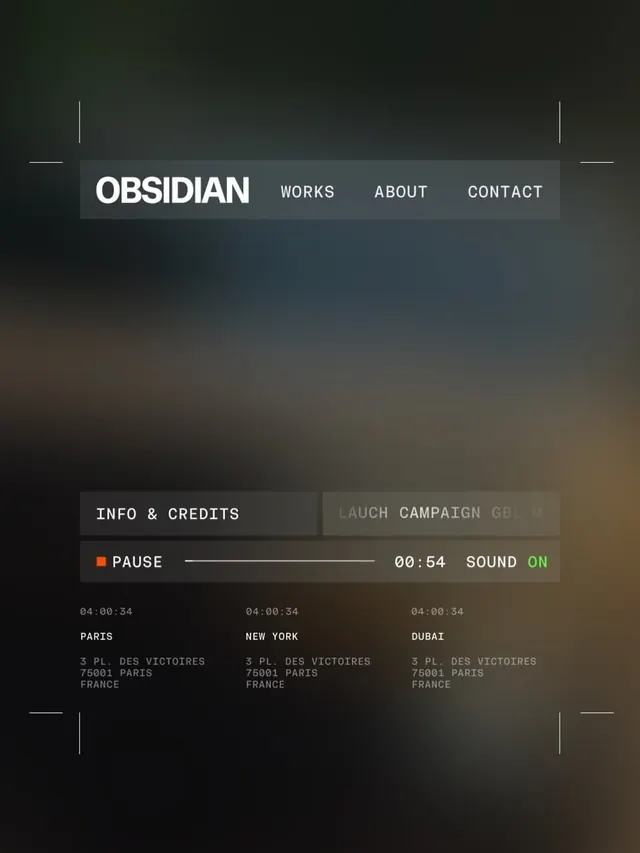 Obsidian studio navbar and video player UI, dark-mode, minimal, dark