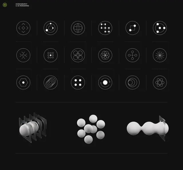 Tech icon grid paired with 3D renders, minimal, geometric, dark