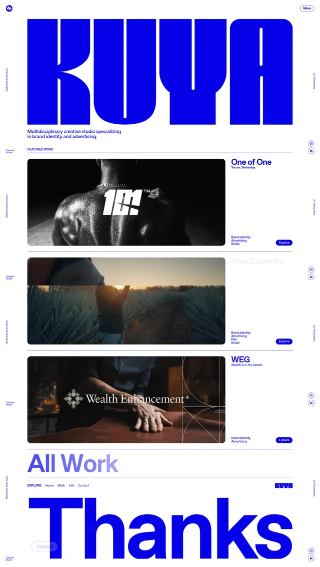 KUYA studio site with electric-blue display type, editorial, minimal, light
