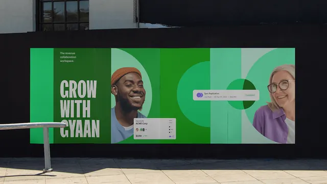Green brand billboard mockup with portraits, corporate-clean, flat, vibrant