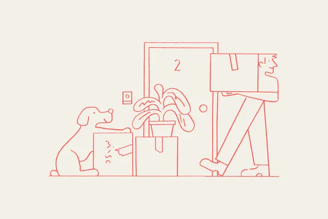 Single-weight line illustration of a moving day, line-art, minimal, warm