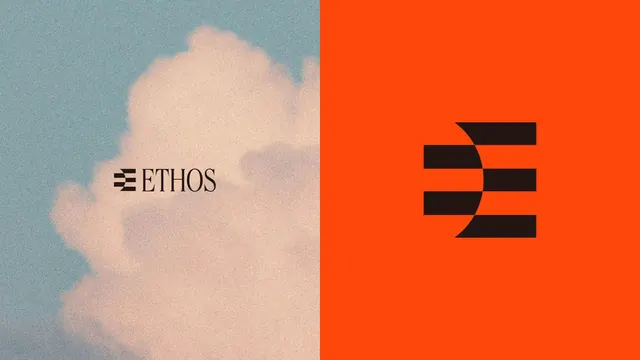 ETHOS split-screen identity and monogram, geometric, minimal, warm