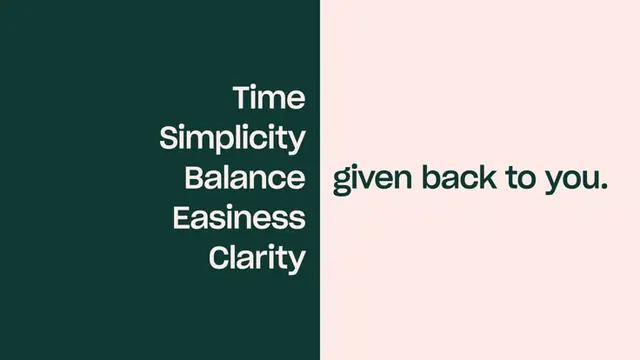 Split green/pink benefit-list brand slide, minimal, corporate-clean, light