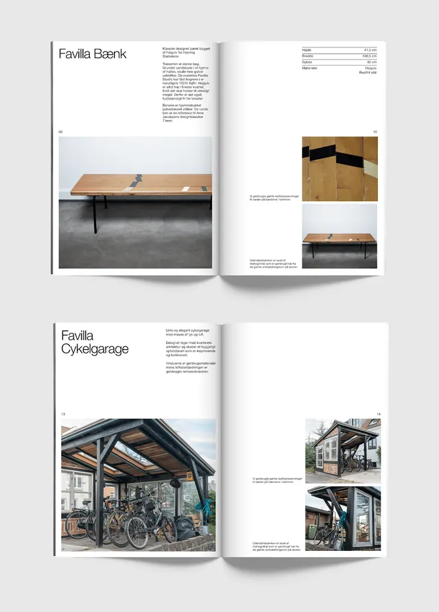 Favilla furniture catalog spreads, minimal, editorial, light