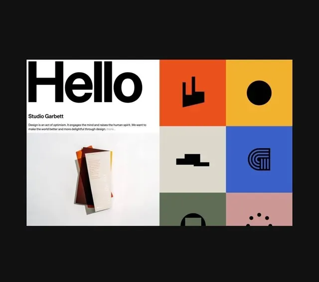 Studio Garbett site: huge 'Hello' beside a color-block logo grid, swiss, minimal, vibrant