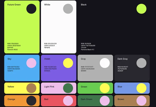 Brand color system swatch board, minimal, flat, dark